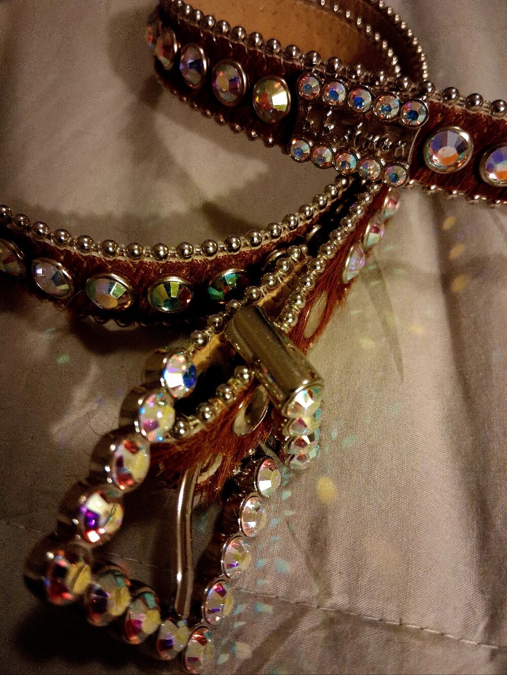 B.B. Simon Belt XLAurora Borealis Crystals Western LuxuryPony Hair Leather Belt